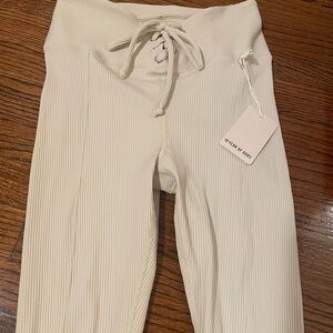 Cream Ribbed High-Waisted Leggings
